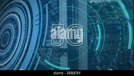 Image of processing circle and 5g over computer wires Stock Photo