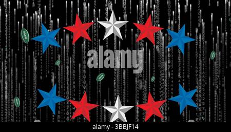 Image of stars and rugby balls with ireland text over data processing on black background Stock Photo