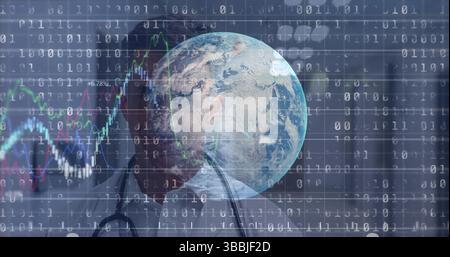 Image of financial graphs, globe and binary code over caucasian male doctor looking at camera Stock Photo
