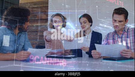Image of data processing over diverse colleagues discussing over documents at office Stock Photo