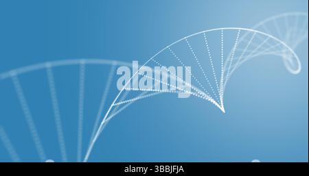Displaying curved white dotted double helix swirling on blue gradient background, with DNA theme Stock Photo