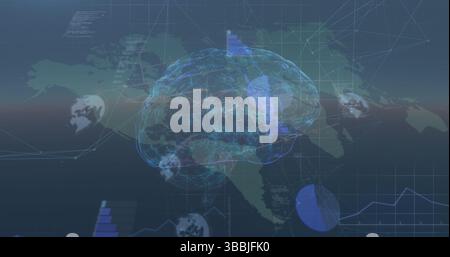 Image of brain rotating over world map over sunset Stock Photo