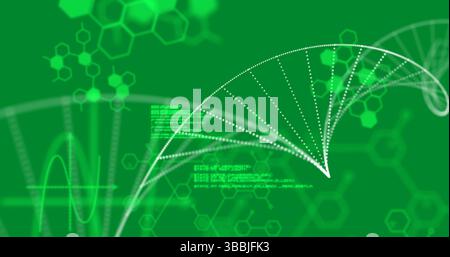 Showing white dotted helix rotating on green interface, with hexagonal molecular diagrams and code Stock Photo
