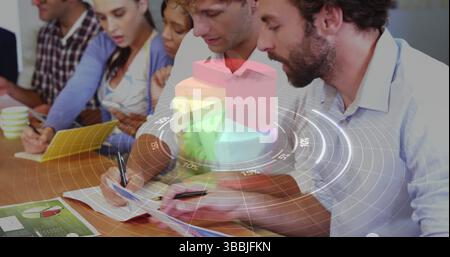 Image of statistical data processing over two caucasian men discussing over documents at office Stock Photo