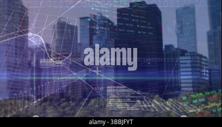 Image of financial data processing binary coding over cityscape Stock Photo