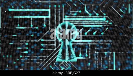 Image of network of connections with icons over dark background Stock Photo