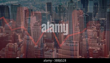 Image of financial data processing with red lines over cityscape Stock Photo