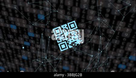 Image of network of connections and qr code with icons over dark background Stock Photo
