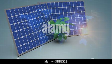 Image of world map over solar panel and plant sampling on blue background Stock Photo
