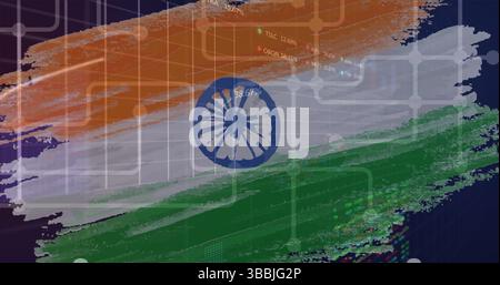 Image of financial data processing with moving flag of processing and moving radial decoration Stock Photo