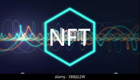 Image of nft in hexagon over waves on navy background Stock Photo