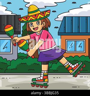 Female Inline Skater Playing Maracas Colored  Stock Vector