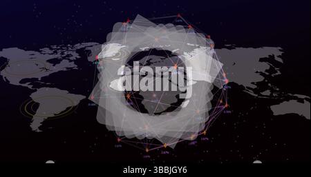Displaying network overlay on world map data interface, showing glowing nodes and percentage labels Stock Photo