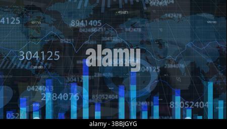 Displaying data panel at trading desk, with bar charts, line graph and world map overlay Stock Photo