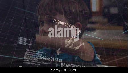 Watching boy in blue hoodie analyzing numeric sequences, code in dimly lit room, holographic grid Stock Photo