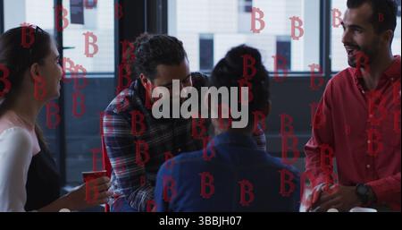 Image of bitcoins falling over diverse group of people Stock Photo