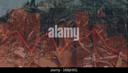Presenting red bar and line graph grid overlay in scrapyard, with metal mesh, scrap metal pieces Stock Photo