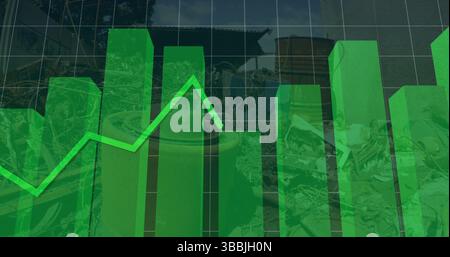 Displaying 3D green bar chart columns with rising green line graph over waste in landfill yard Stock Photo
