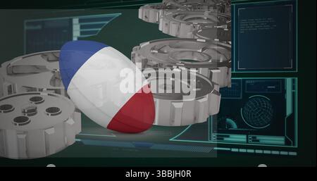 Spinning French-colored oval ball rotating on metal gears in tech lab, with teal holographic panels Stock Photo