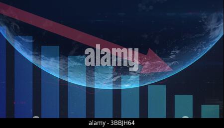Image of statistics with numbers changing and red arrow over globe Stock Photo
