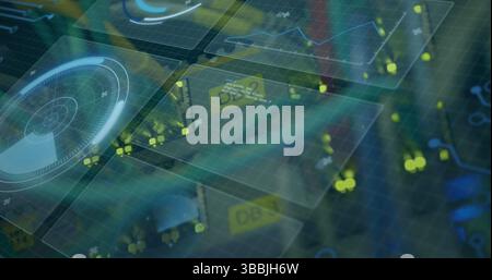 Image of clock moving over screen with diverse data Stock Photo