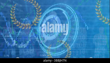 Image of financial graphs over processing circle on blue background Stock Photo