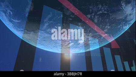 Image of statistics and data processing with red arrow over globe Stock Photo