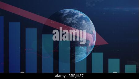 Image of statistics and data processing with red arrow over globe Stock Photo