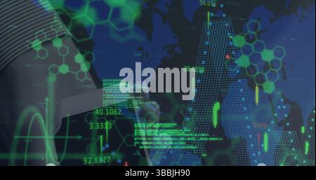 Tapping business professional analyzing tablet in data lab, with digital overlay elements Stock Photo