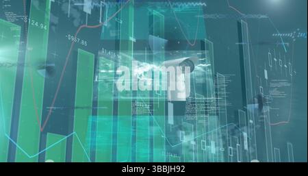 Image of cctv camera, statistics and financial data processing over city Stock Photo