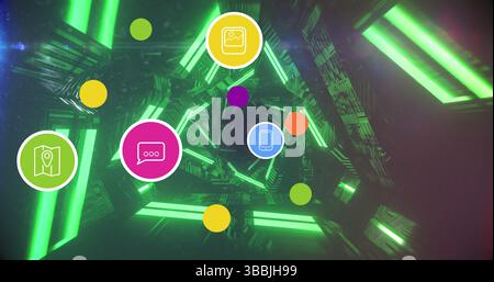 Image of social media reactions over tunnel made of moving neon lights Stock Photo