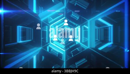 Image of social media reactions over tunnel made of moving neon lights Stock Photo
