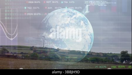 Image of graphs, globe and data processing over wind turbine Stock Photo