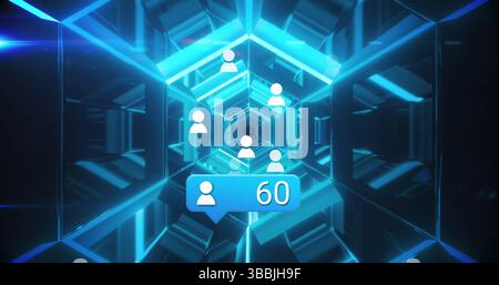 Image of social media reactions over tunnel made of moving neon lights Stock Photo