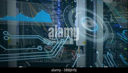 Image of digital scope over server room Stock Photo