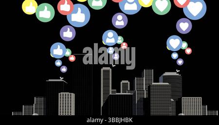 Digital image of multiple digital icons floating over cityscape on black background Stock Photo