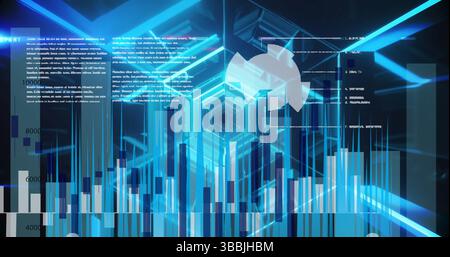 Image of graphs and data over tunnel made of moving neon lights Stock Photo