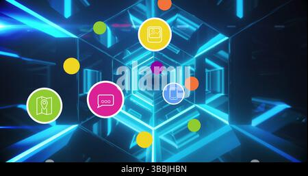 Image of social media reactions over tunnel made of moving neon lights Stock Photo