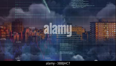 Image of financial graphs and data processing over cityscape Stock Photo