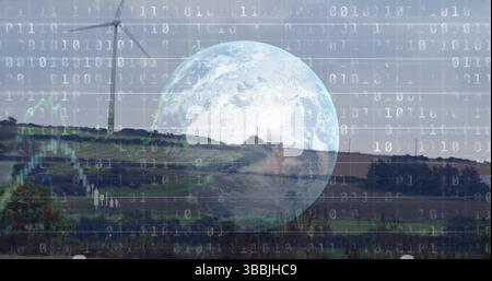 Image of graphs, globe and data processing over wind turbine Stock Photo