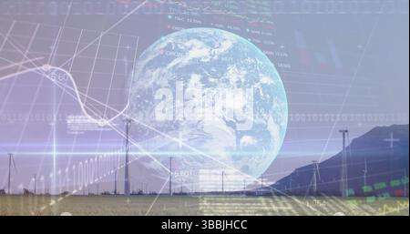Image of graphs, globe and data processing over wind turbine Stock Photo
