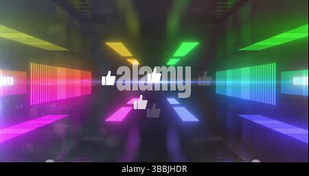 Image of social media reactions over tunnel made of moving neon lights Stock Photo