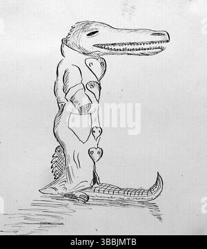 An anthropomorphic crocodile standing upright, dressed in a coat adorned with heart-shaped buttons. Its tail is visible, and its snout is detailed, showing some sharp teeth. The artwork is done in black ink on a white background, From a Victorian and Edwardian scrapbook which appears to have been compiled by one unnamed person. Stock Photo