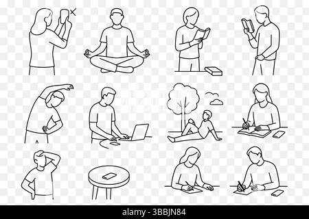 Minimalist Line Art of Daily Mindful Habits – Wellness, Focus & Self-Care Illustration Set Stock Vector