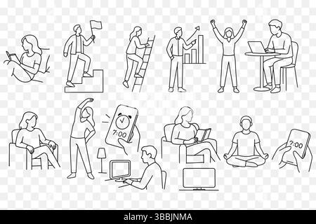 Daily Routine & Self-Improvement Line Art Vector Set Stock Vector