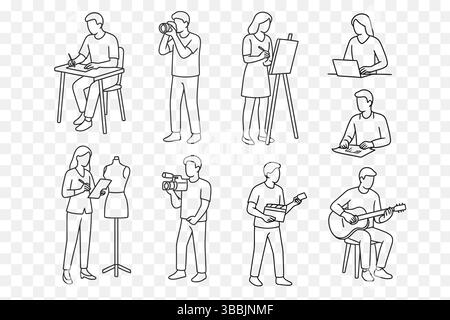 Minimalist Line Art Set of Creative Professionals and Artists Engaged in Work and Hobbies Stock Vector