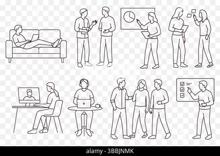 Minimalist Line Art Set of Remote Work and Team Collaboration – Business & Productivity Scenes Stock Vector