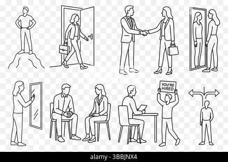 Job Interview & Career Growth Line Art Vector Illustration Set Stock Vector