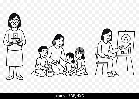Preschool Education Vector Line Art – Teachers & Kids Learning Together Stock Vector