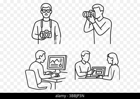 Photographer and Photo Editing Vector Line Art – Camera & Digital Workflow Stock Vector